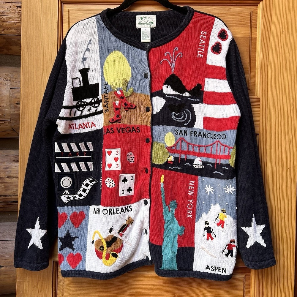 VTG 90s Quacker Factory Womens Sweater American Flag Patriotic USA July 4 Travel